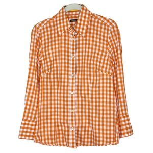 J. McLaughlin Orange And White Gingham Button Down Shirt Ribbon Accent Size 2
